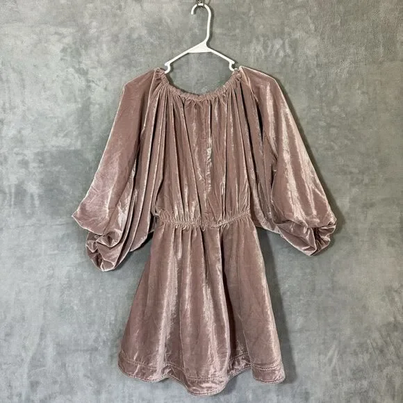 NWT Free People Portia Velvet S Pink Dress V-Neck Balloon Sleeve Romantic Boho - Picture 3 of 10